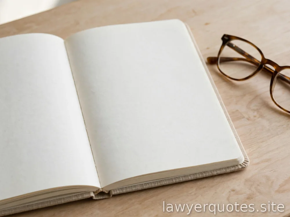 Close view of an open blank notebook beside reading glasses on a light desk, daylight, no legible text