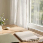 Calm sunlit office desk with a blank notebook and a closed folder, fresh-start motif, daylight, no legible text