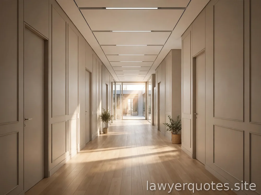 Empty sunlit hallway with gentle leading lines, calm neutrals, no people