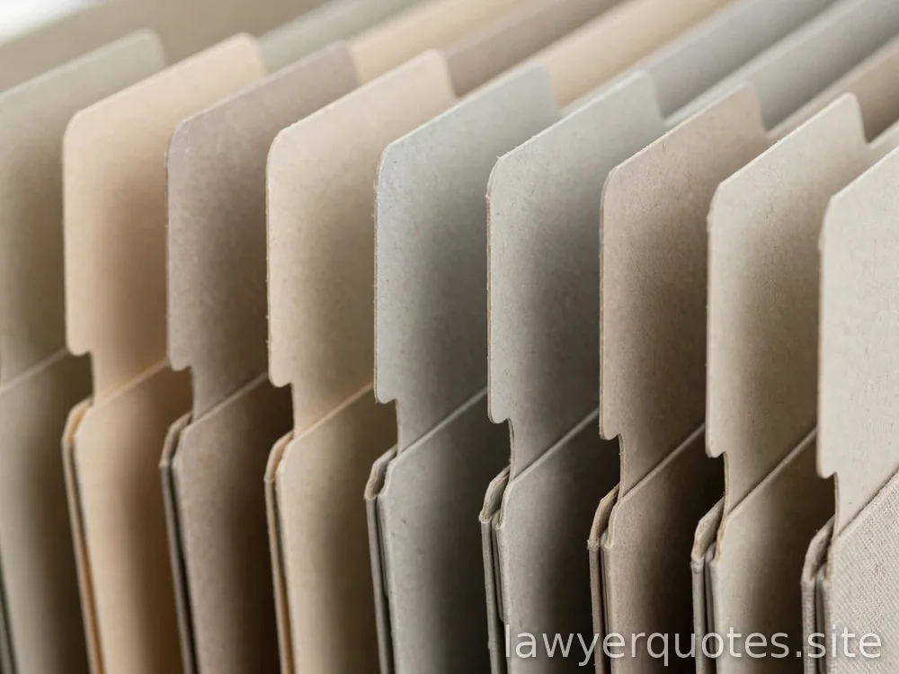 Close view of upright file-folder tabs in a neat row, muted neutrals, no legible text