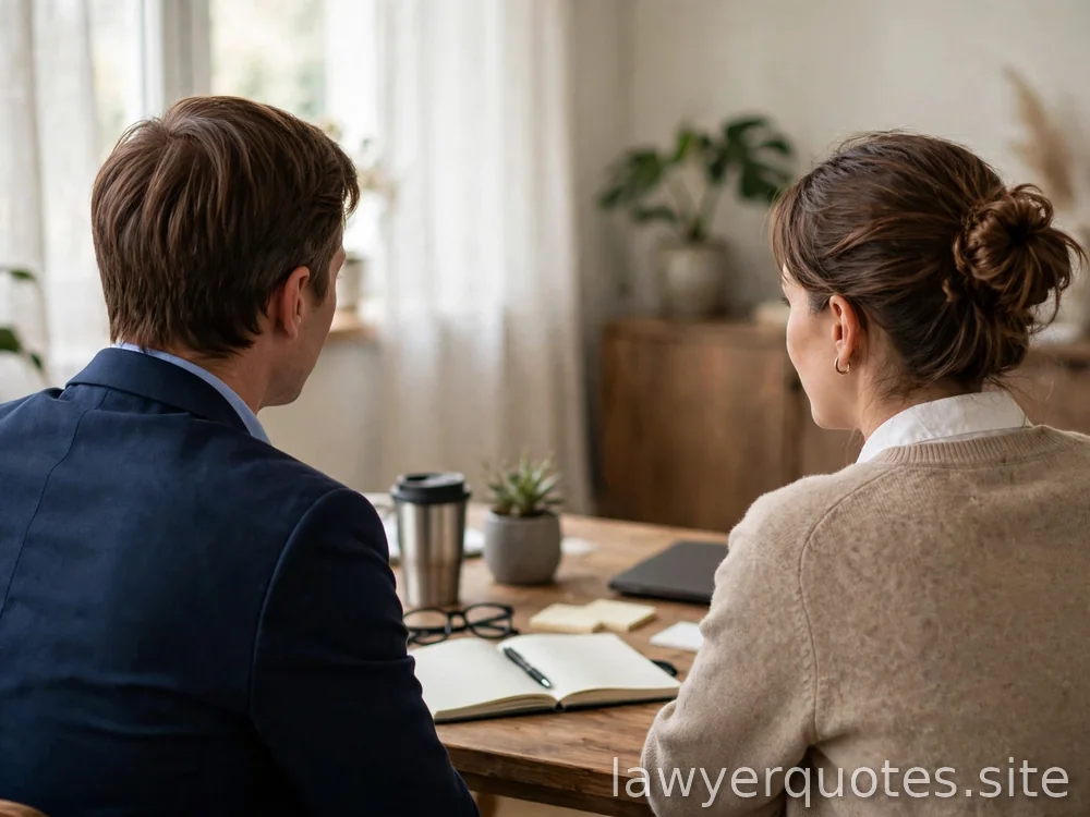 Two people in calm conversation across a desk in daylight, professional, no distress