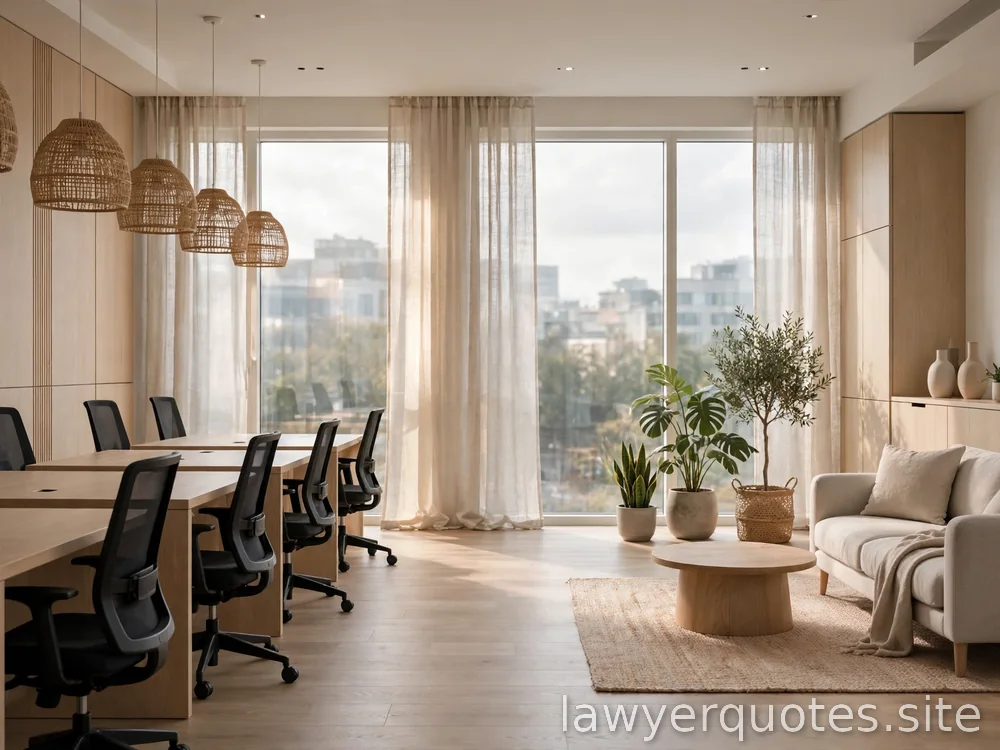 Empty bright office interior with soft window light, welcoming, no people