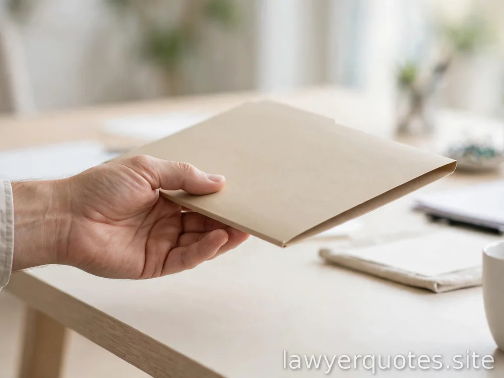 An outstretched hand offering a closed folder across a bright desk, calm, no legible text