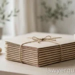A neat stack of blank folders tied with a simple band on a light desk, daylight, no text