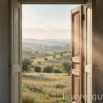 An open door motif in soft daylight suggesting a first visit, calm abstract, no text