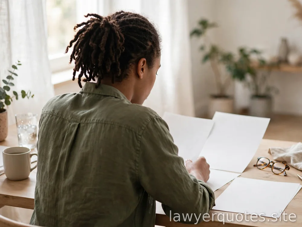 A person calmly reviewing blank papers at a bright desk, thoughtful, diverse, no distress