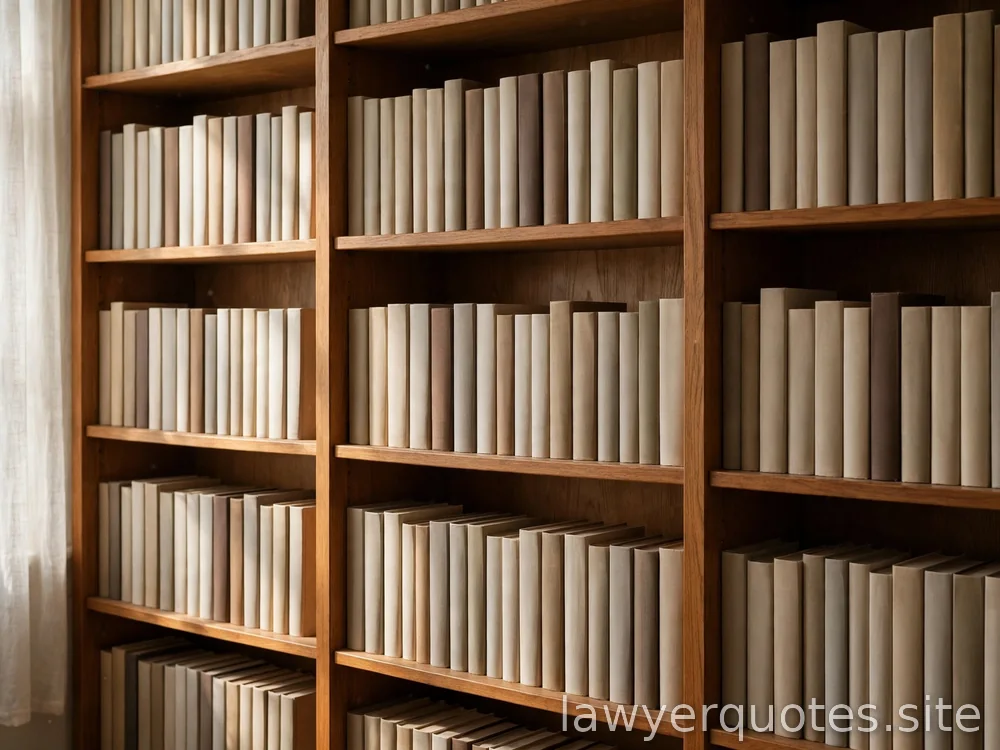 Empty library shelves with neat blank-spined books, soft light, no legible text