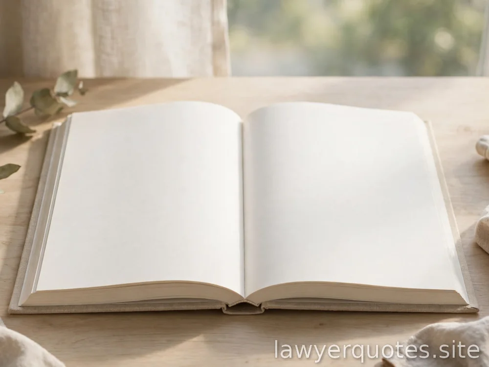 Open blank book on a desk in soft morning light, fresh-page motif, no legible text