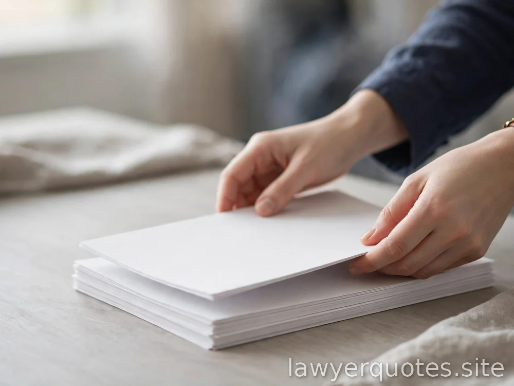 Blank papers being neatly stacked by hands on a bright desk, orderly, no faces, no text